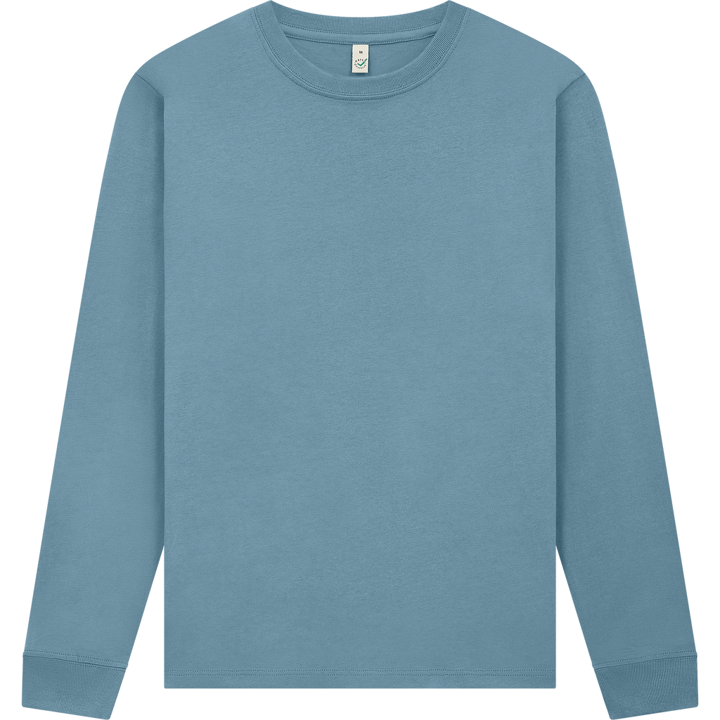 Earth Positive® EP185L long sleeve T-shirt in navy, front view, made from sustainable fabric with the brand logo visible.