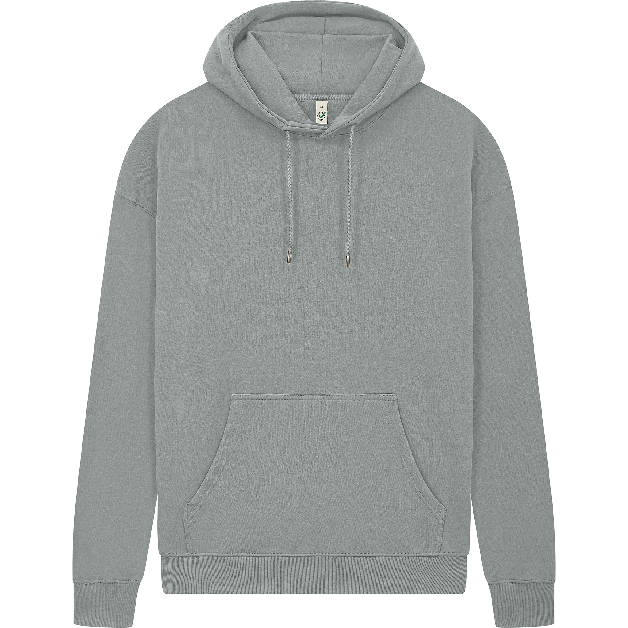 Earth Positive® EP301 grey pullover hoodie, front view, soft fabric with a relaxed fit, featuring a classic hood and front pocket.