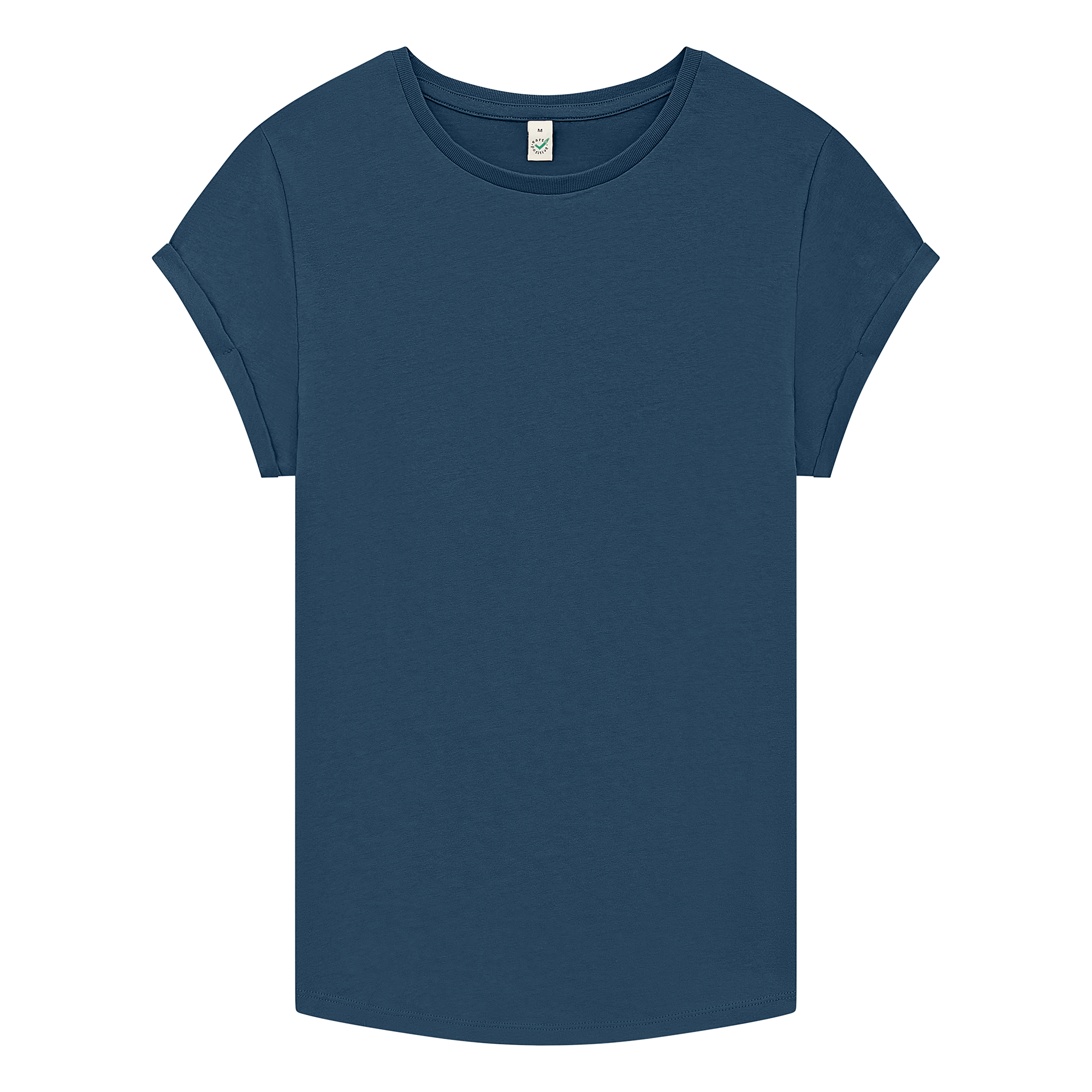 Earth Positive® women's rolled sleeve T-shirt featuring a front view with a casual fit and eco-friendly fabric, branded EP.