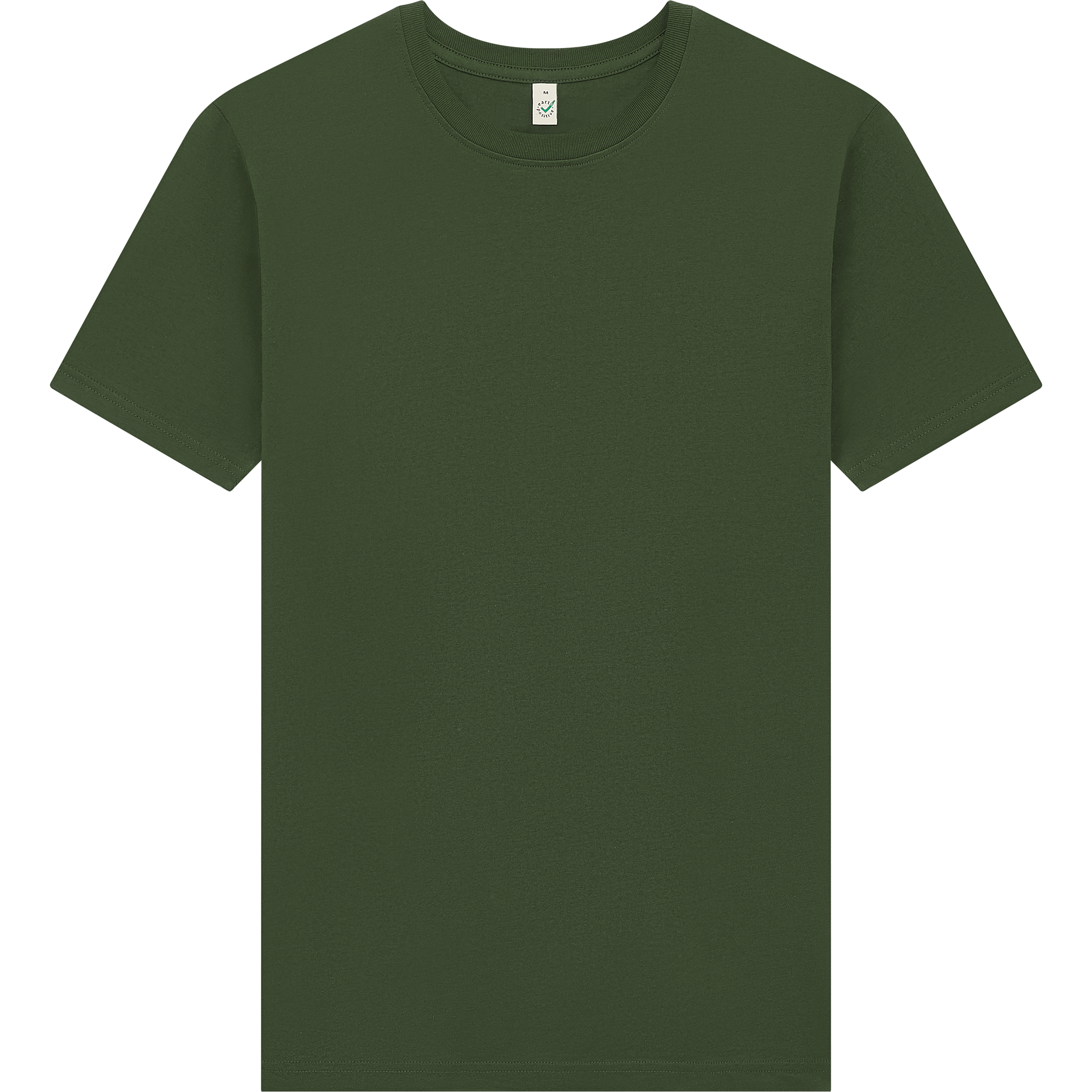 Front view of Earth Positive® EP185 premium jersey T-shirt in forest green, featuring a classic crew neckline and soft cotton fabric.