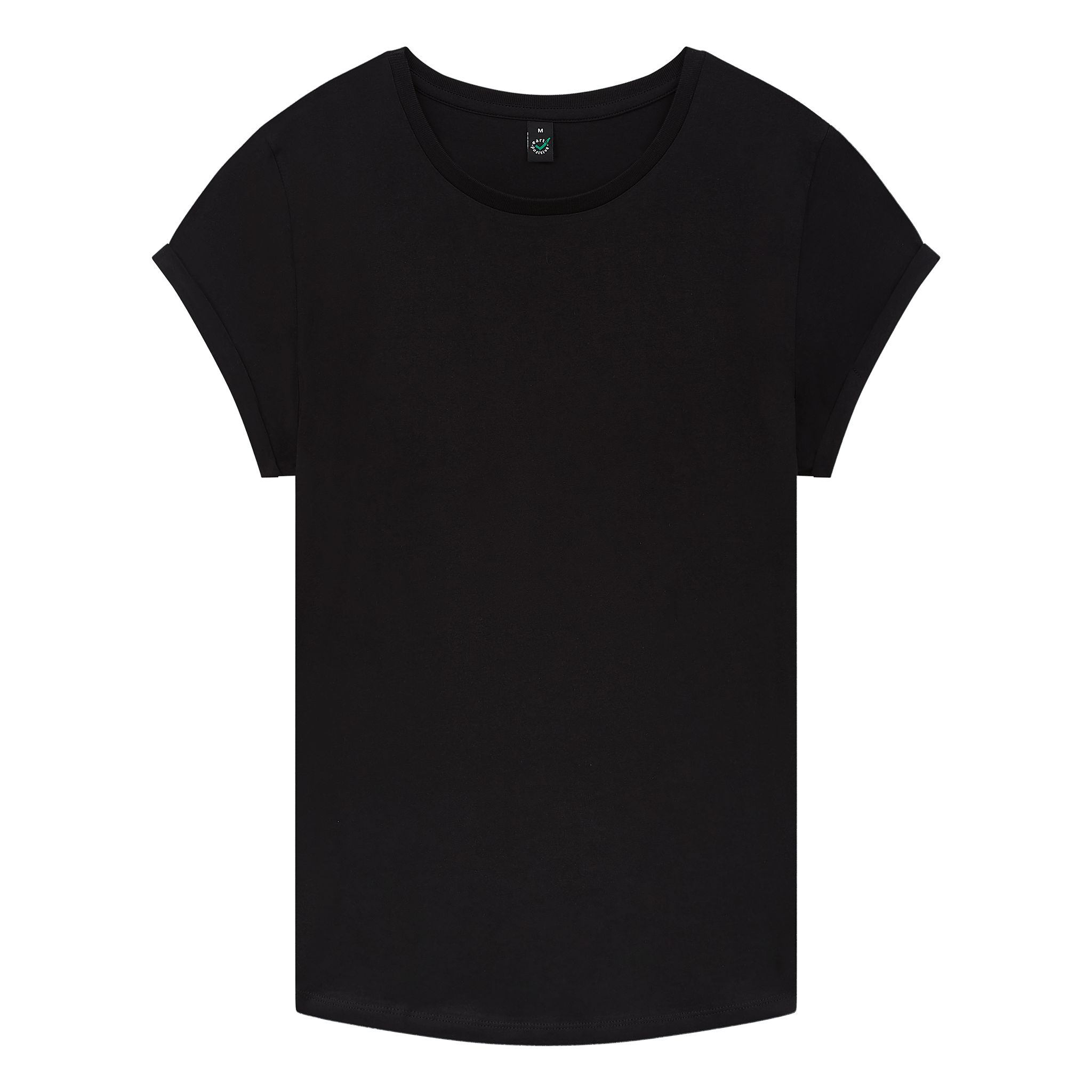 Earth Positive women's rolled sleeve T-shirt, front view, in black with EP branding, casual cotton T-krekls for women