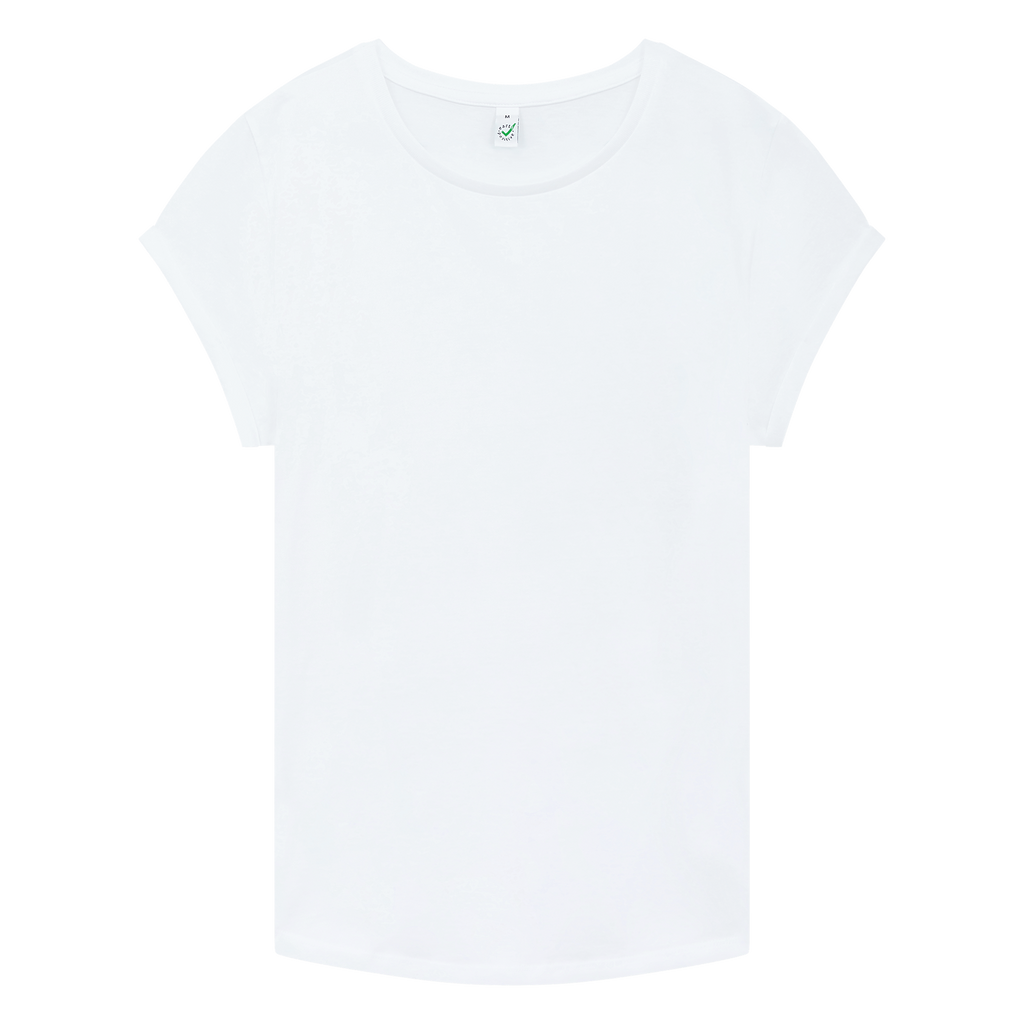 Earth Positive® women's rolled sleeve T-shirt in white, front view showcasing casual fit and rolled sleeve detail.