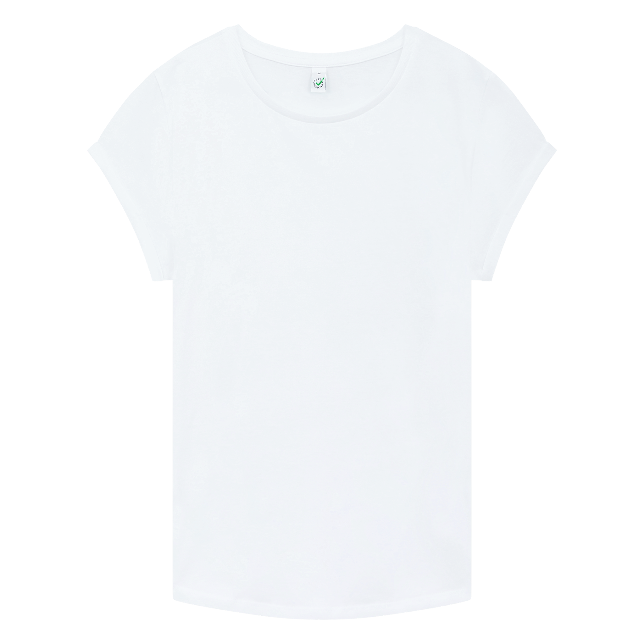 Earth Positive® women's rolled sleeve T-shirt in white, front view showcasing casual fit and rolled sleeve detail.