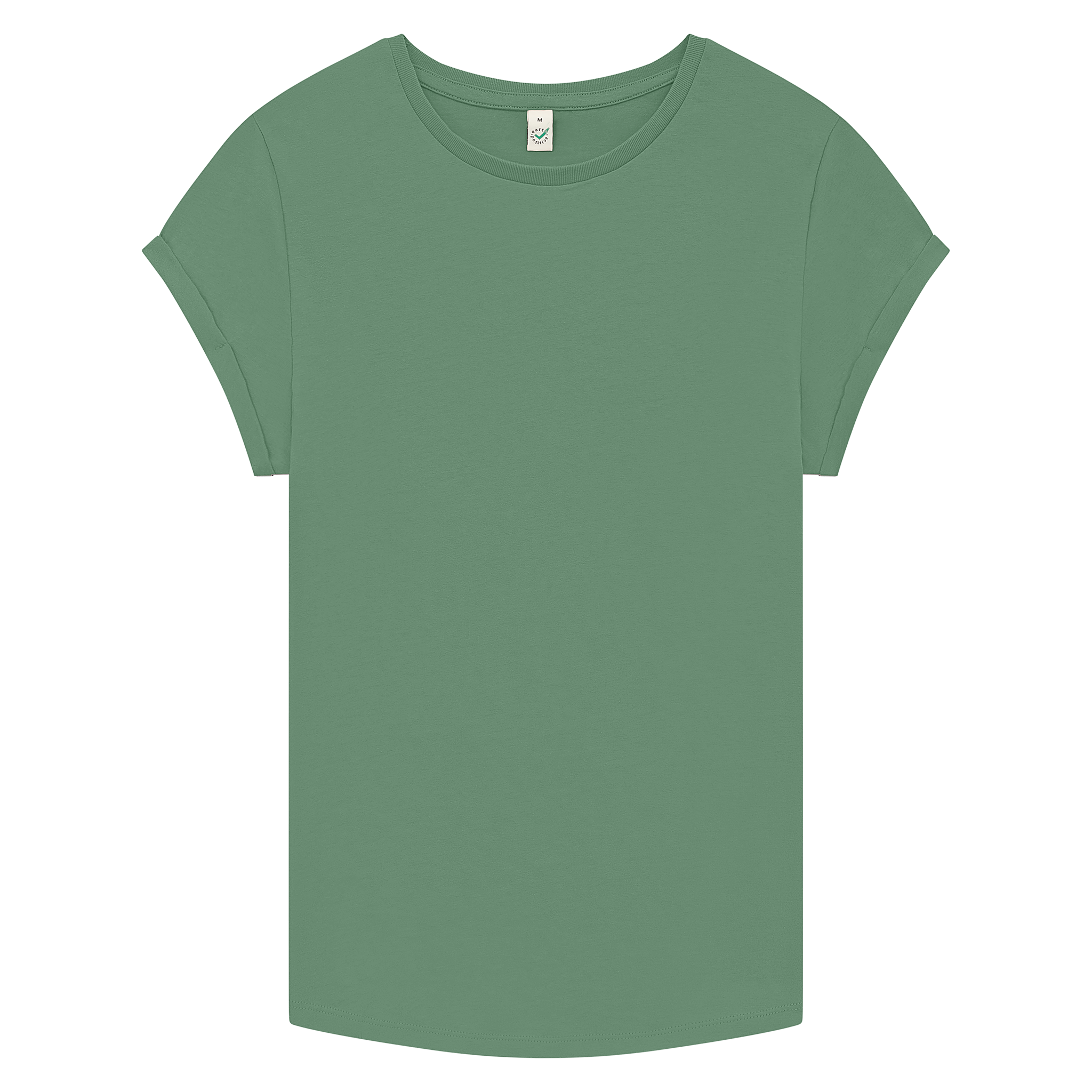 Earth Positive women’s rolled sleeve T-shirt in white, front view showing the EP brand logo and casual fit.