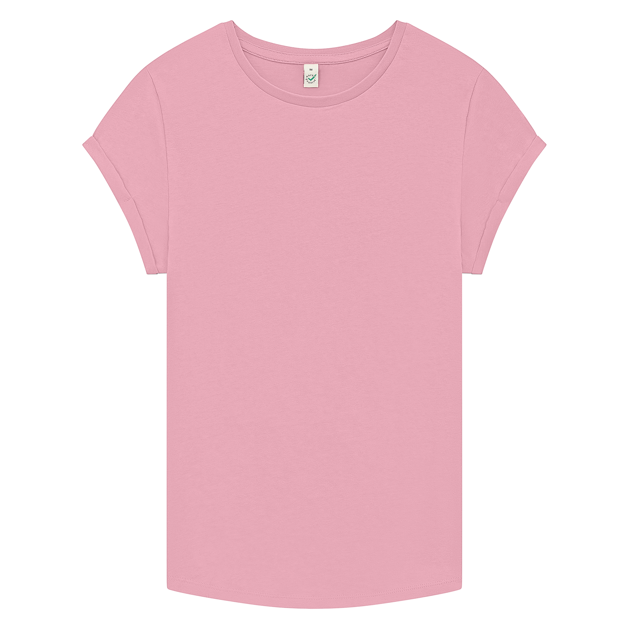 Earth Positive® Women’s rolled sleeve T-shirt in soft pink, front view showcasing the casual fit and rolled sleeve design.