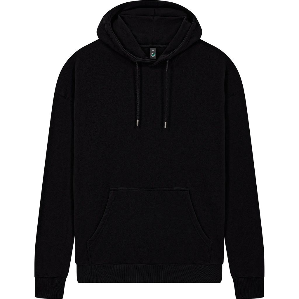 Earth Positive® EP301 pullover hoodie in black, front view, soft cotton fabric, casual style, eco-friendly brand EP.