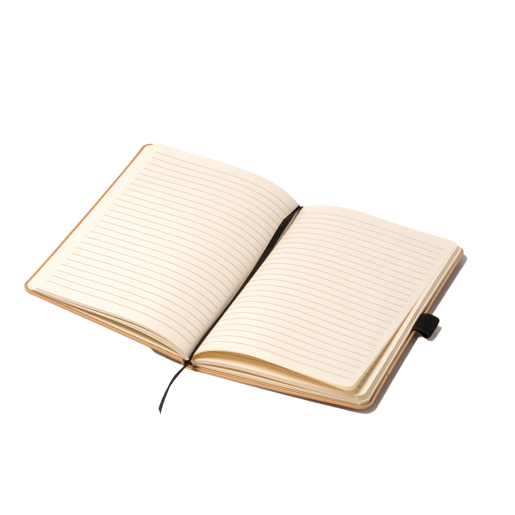 Kombis A5 writing set with bamboo and cork covers, ideal as a gift, featuring natural textured surfaces and compact size.