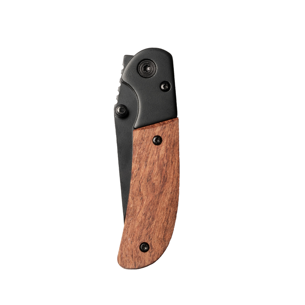 Kombis tactical pocket knife with wooden handle and engraved design, ideal as a gift for outdoor or knife enthusiasts.