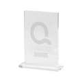 Kombis brand glass award with laser engraving, showcasing a sleek, clear glass gift with intricate engraved details.