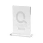 Kombis brand glass award with laser engraving, showcasing a sleek, clear glass gift with intricate engraved details.