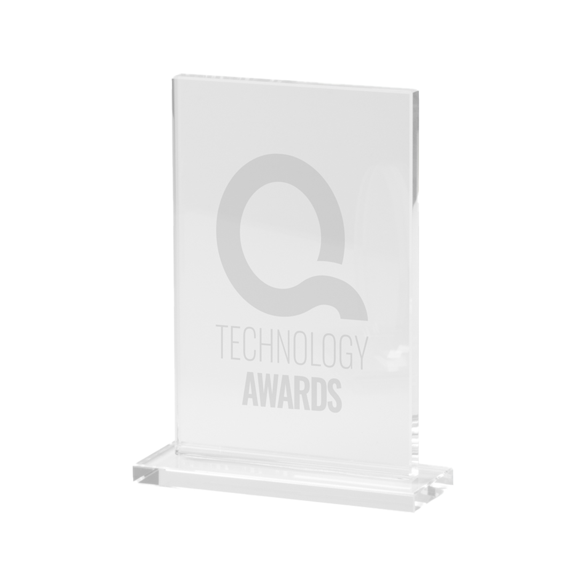 Kombis brand glass award with laser engraving, showcasing a sleek, clear glass gift with intricate engraved details.
