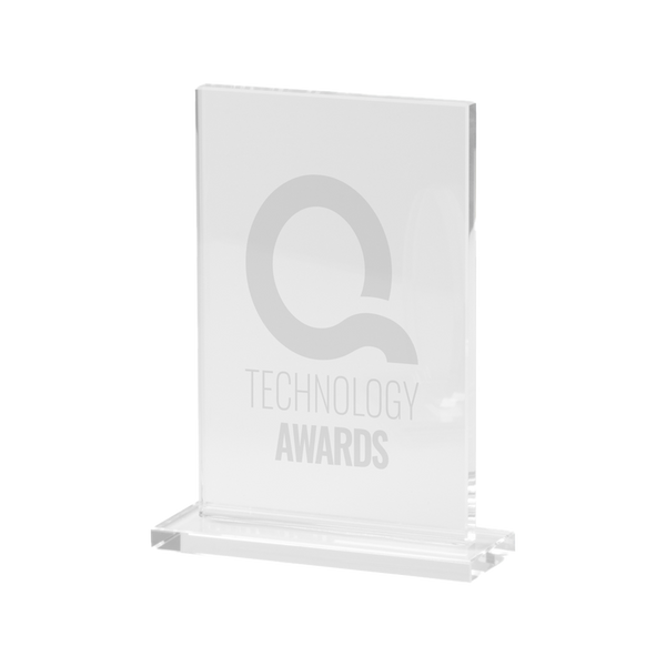 Kombis brand glass award with laser engraving, showcasing a sleek, clear glass gift with intricate engraved details.