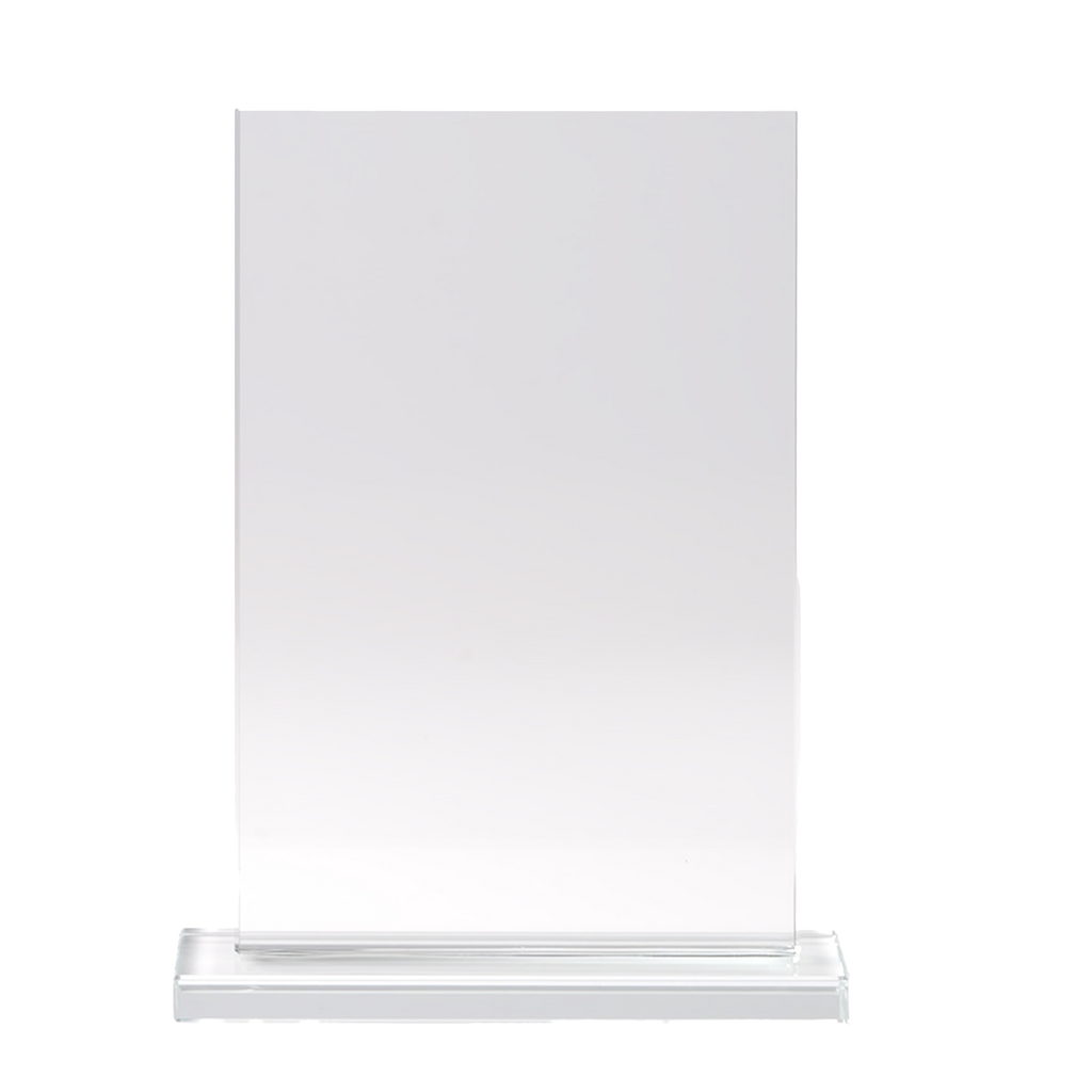 Kombis brand glass award gift with laser engraving, showcasing a sleek, clear glass plaque with intricate engraved details.
