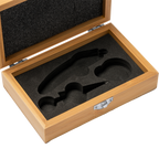Elegant bamboo wine accessory set with laser engraving by Kombis, featuring wine opener, stopper, and pourer for sophisticated gifting.