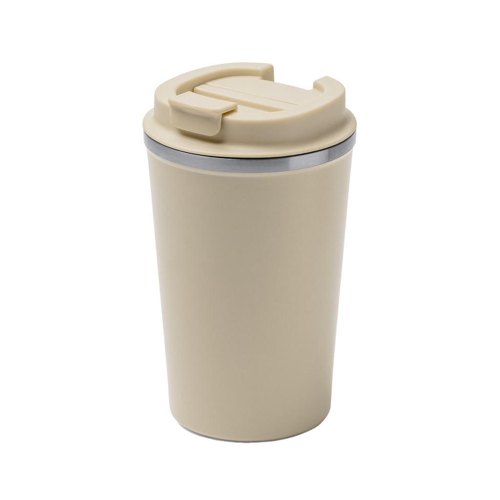 Kombis premium 450ml thermos mug with laser engraving, ideal as a gift, showing a sleek black design and engraved pattern.