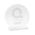 Kombis brand glass award with round design and laser engraving, suitable as a special gift or recognition trophy.