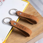 Kombis brown genuine leather keychain with laser-engraved design, slim and stylish key holder for gifts and accessories.