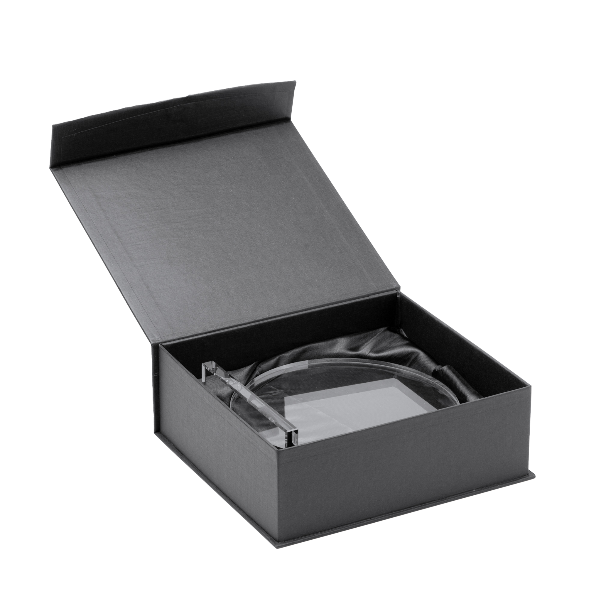 Kombis brand exclusive round glass award with laser engraving, showcasing a sleek, clear design suitable for recognition or gift.