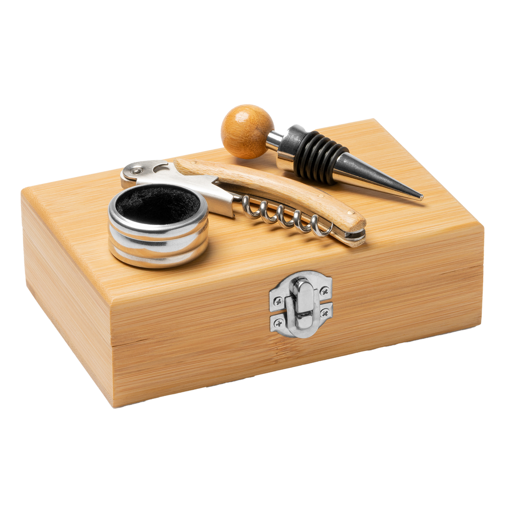Elegant bamboo wine accessory set with laser engraving, ideal as a gift from Kombis, featuring stylish wine tools.