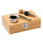 Elegant bamboo wine accessory set with laser engraving, ideal as a gift from Kombis, featuring stylish wine tools.