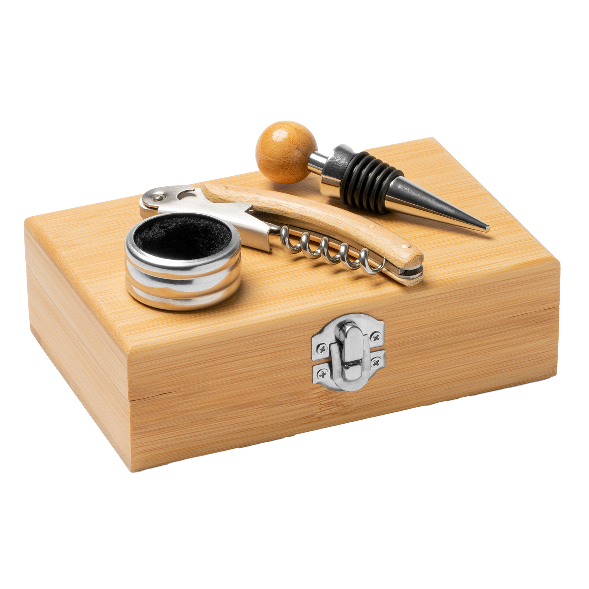 Elegant bamboo wine accessory set with laser engraving, ideal as a gift from Kombis, featuring stylish wine tools.