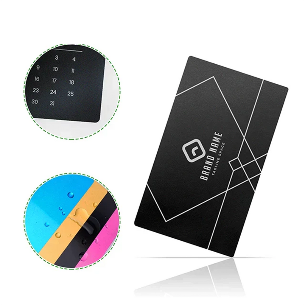 Set of 10 metal business cards with laser engraving by Kombis, showcasing sleek, professional design and detailed craftsmanship.