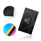 Set of 10 metal business cards with laser engraving by Kombis, showcasing sleek, professional design and detailed craftsmanship.