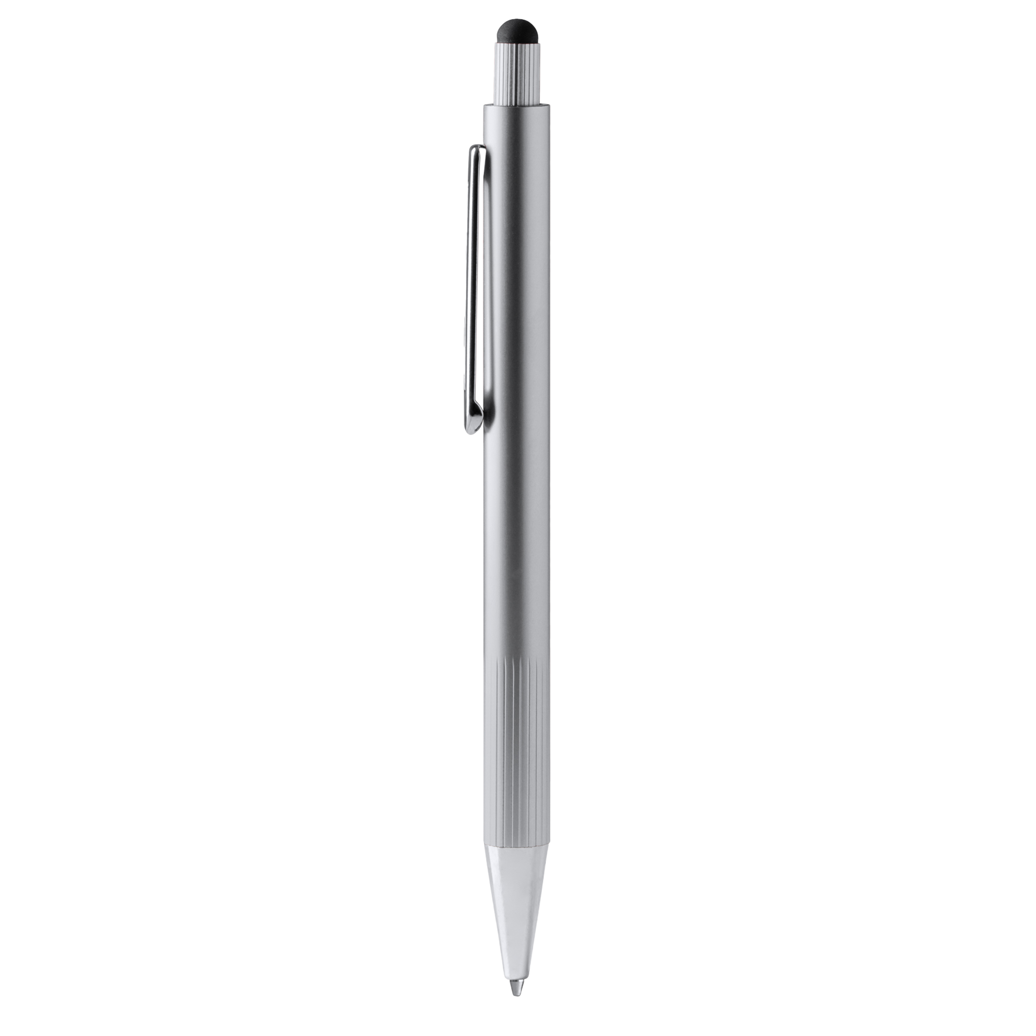 Personalized aluminum pen with touch screen tip, ideal as a gift from Kombis, featuring a sleek metallic design and custom engraving area.