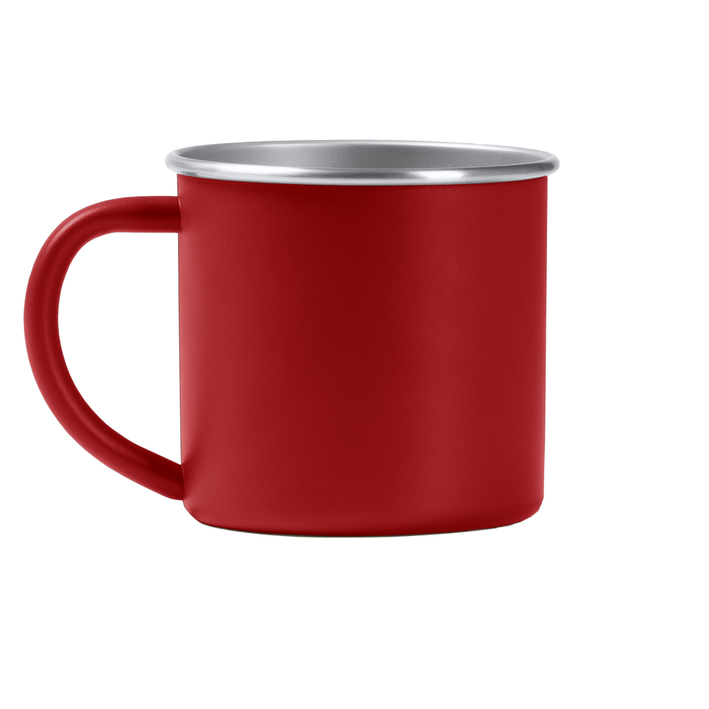 Steel mug with laser-engraved design, ideal as a gift, by Kombis, showcasing detailed craftsmanship on a sleek metal surface.