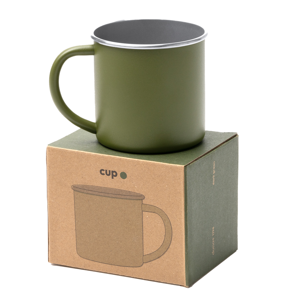 Steel mug with laser-engraved design, ideal as a gift, featuring the Kombis brand and a sleek, modern appearance.