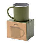 Steel mug with laser-engraved design, ideal as a gift, featuring the Kombis brand and a sleek, modern appearance.