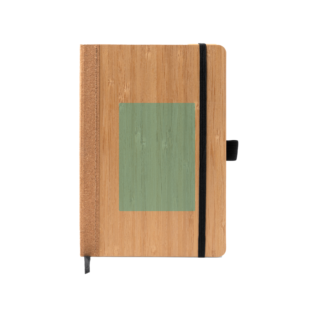 Kombis A5 pierakstu klade with bamboo and cork covers, featuring a gift-ready design for note-taking and writing.