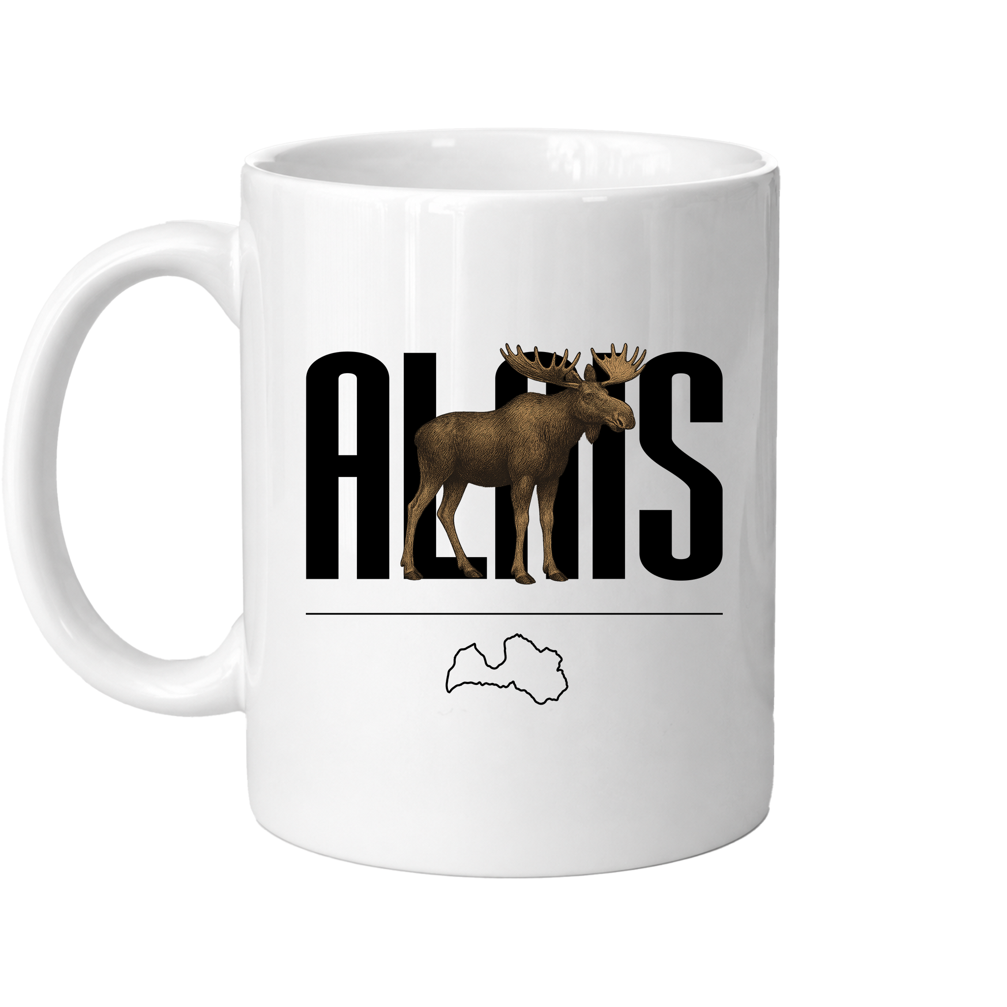 Kombis Meža iemītnieki krūze "Alnis" featuring a detailed illustration of a moose in a forest scene.