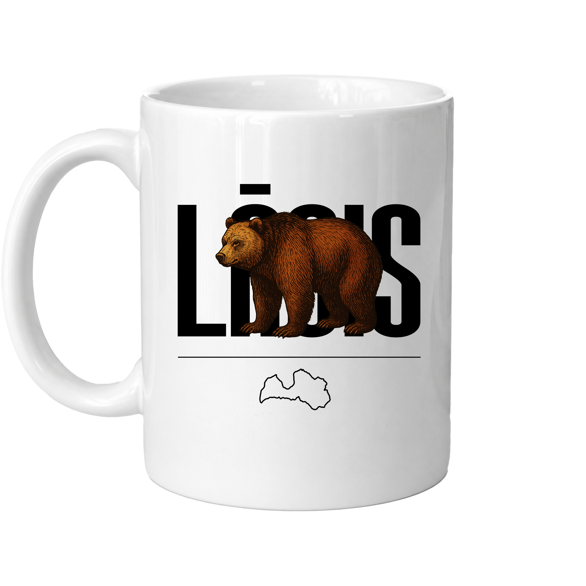 Kombis Meža iemītnieki krūze "Lācis" featuring a cute bear illustration on a ceramic mug.