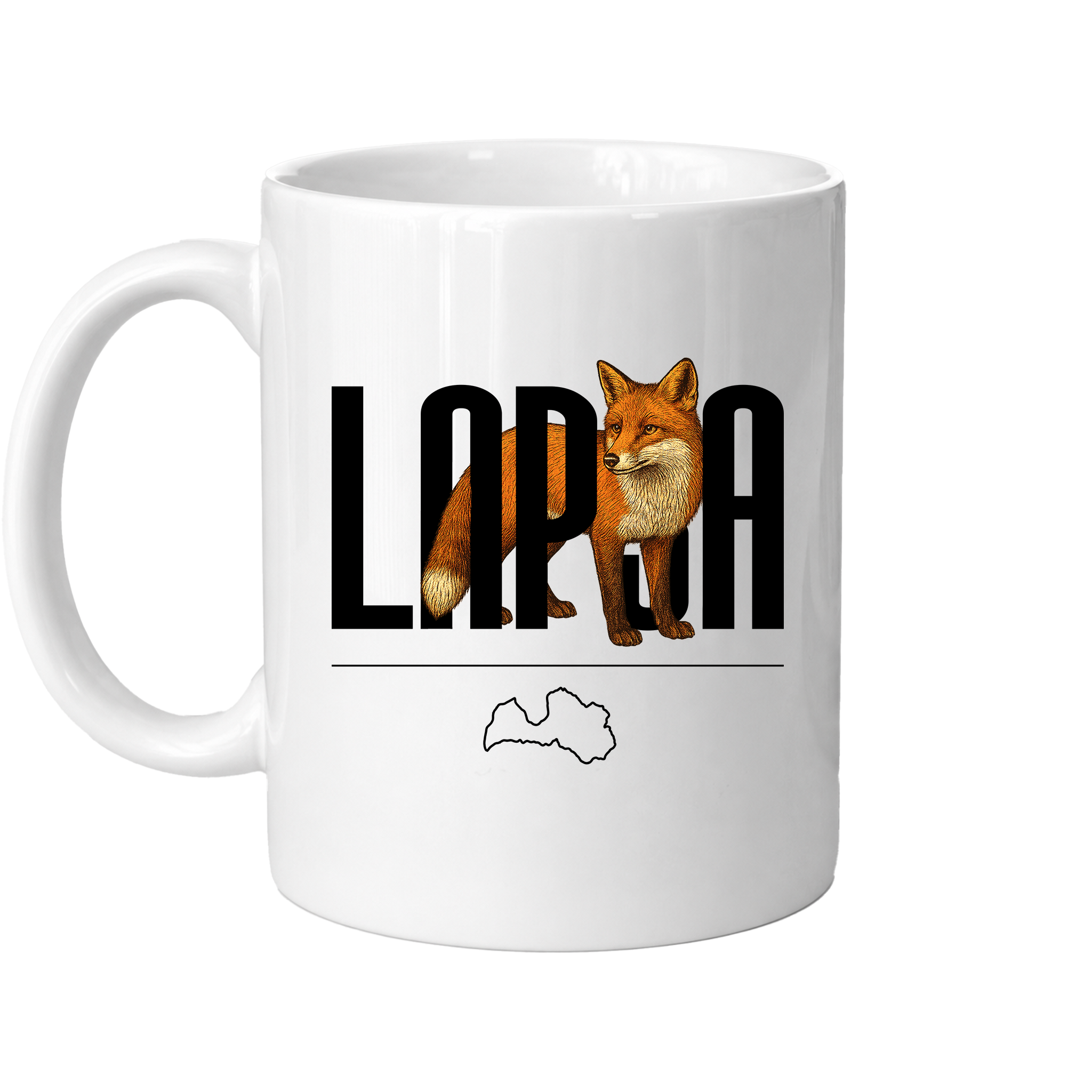Kombis Meža iemītnieki krūze "Lapsa" with a playful fox illustration on a white ceramic mug.