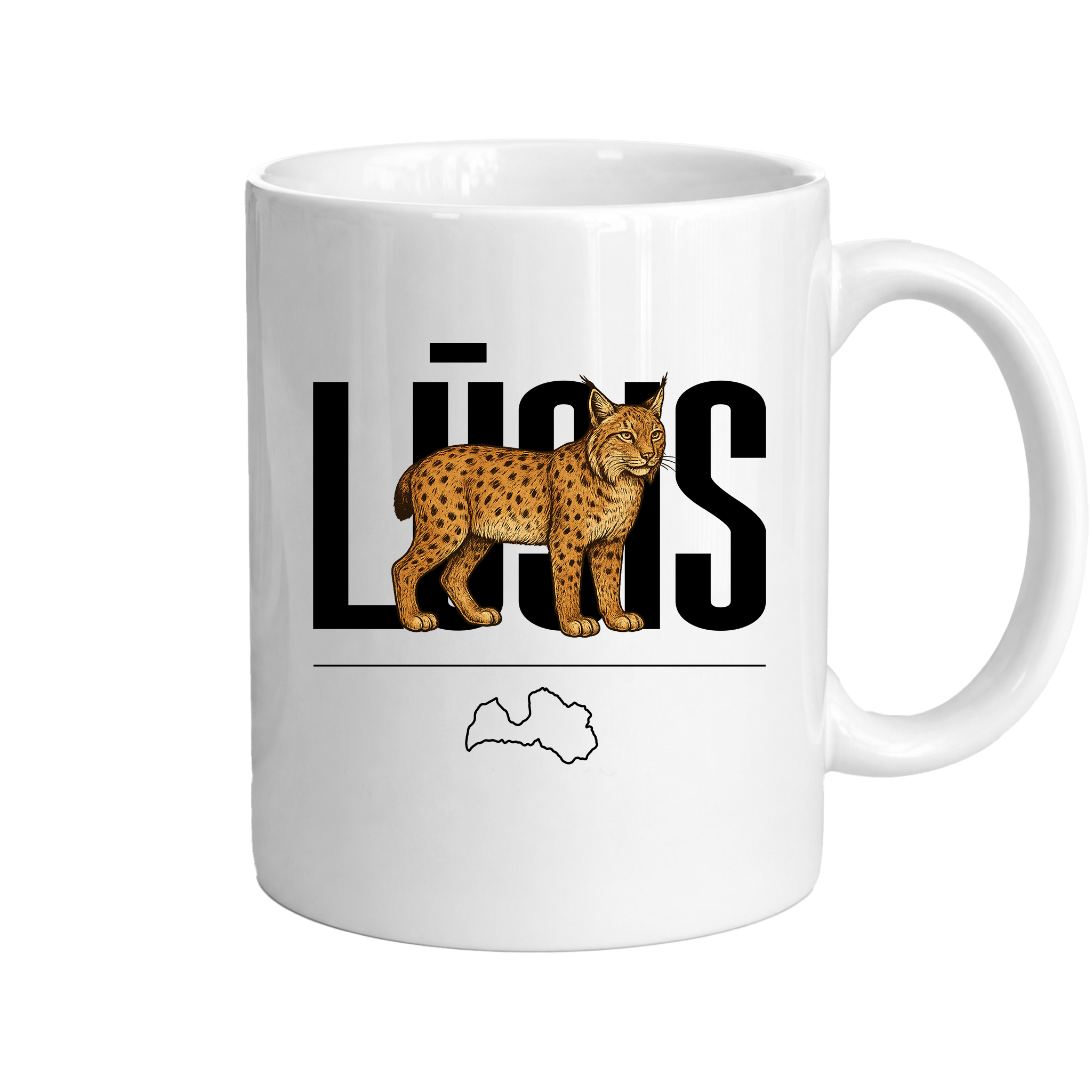 Kombis "Lūsis" mug featuring a playful illustration of a moose in a cozy woodland scene.