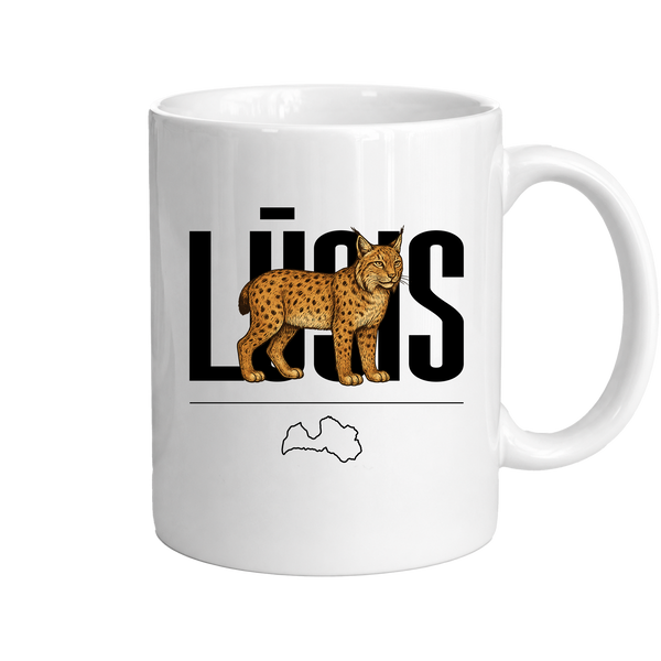 Kombis "Lūsis" mug featuring a playful illustration of a moose in a cozy woodland scene.