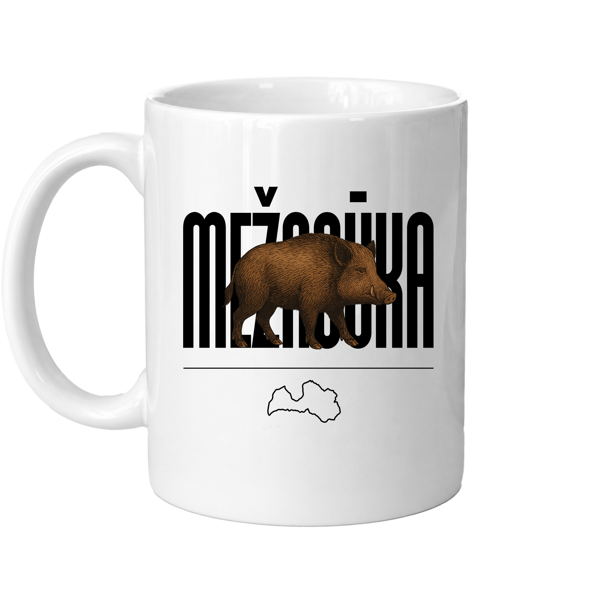 Kombis Mežacūka krūze featuring a woodland animal design, perfect for enjoying hot beverages.