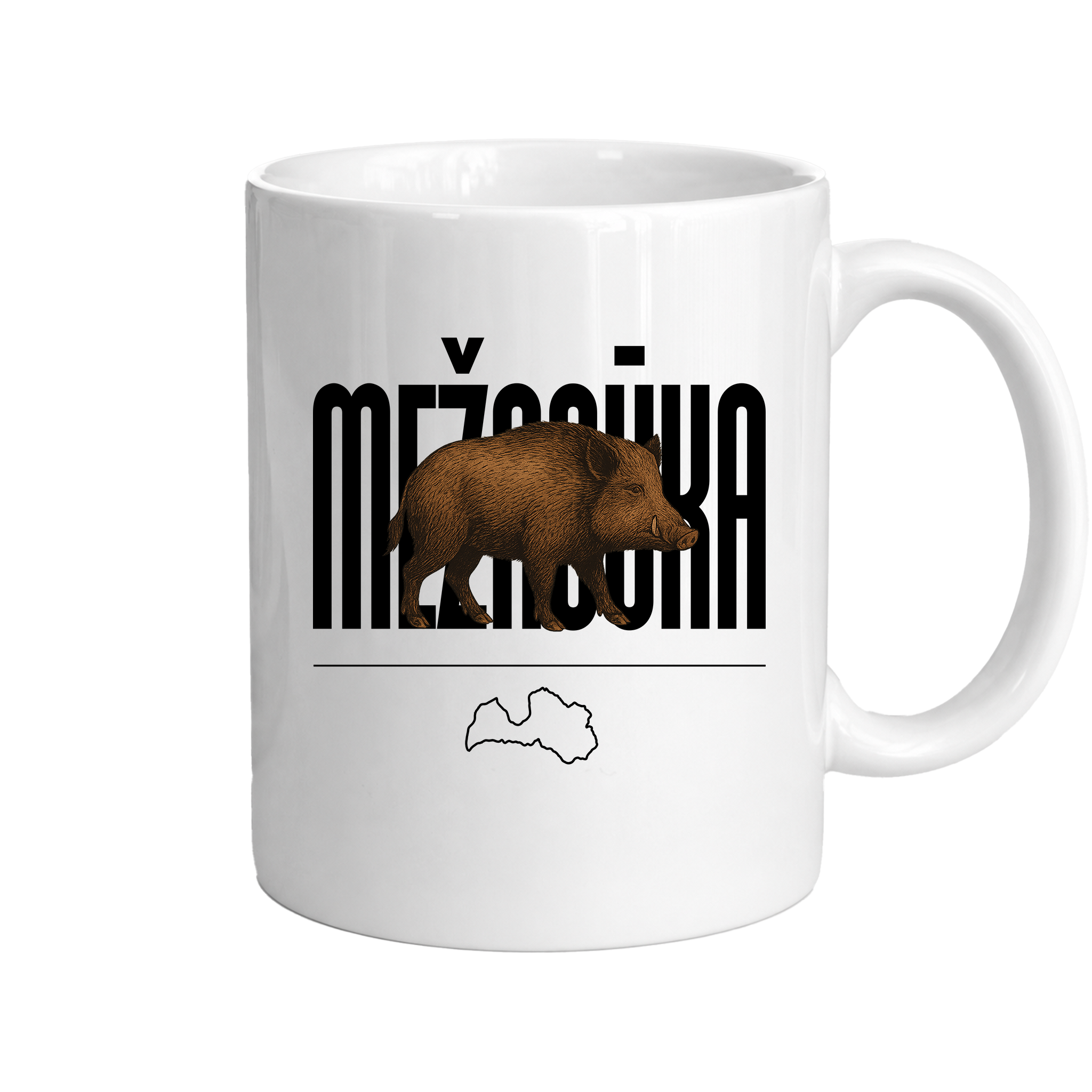 Kombis Mežacūka mug with woodland animal illustration, featuring a cozy design perfect for hot beverages.