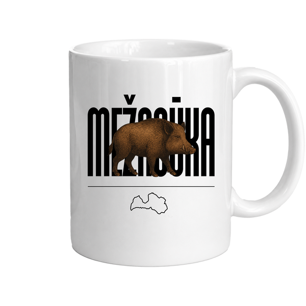Kombis Mežacūka mug with woodland animal illustration, featuring a cozy design perfect for hot beverages.