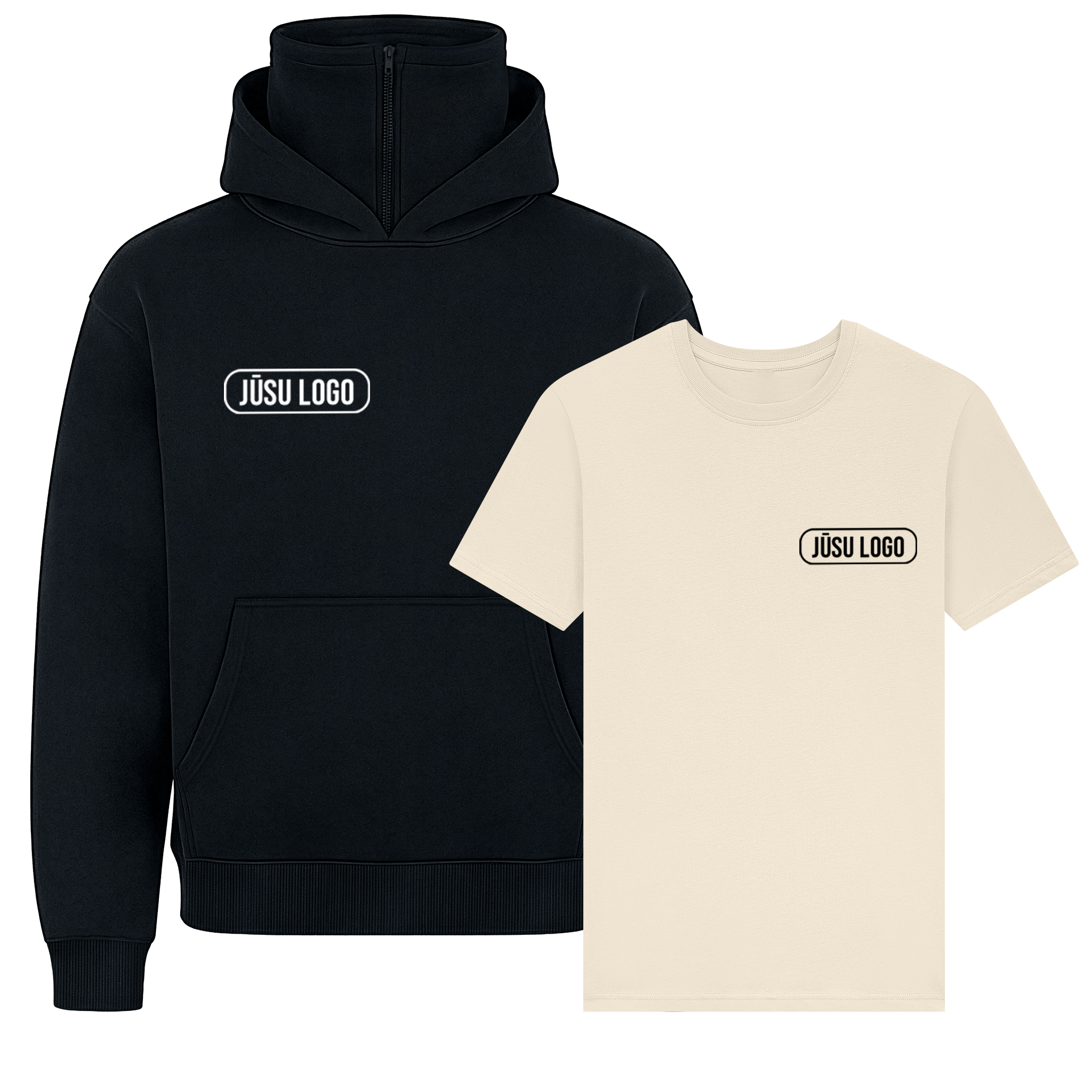 PREMIUM T-KREKLS UN HŪDIJS AR KAKLA AIZSARGU AR JŪSU LOGO