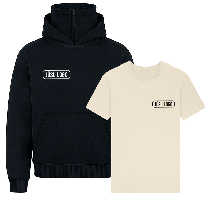 PREMIUM T-KREKLS UN HŪDIJS AR KAKLA AIZSARGU AR JŪSU LOGO