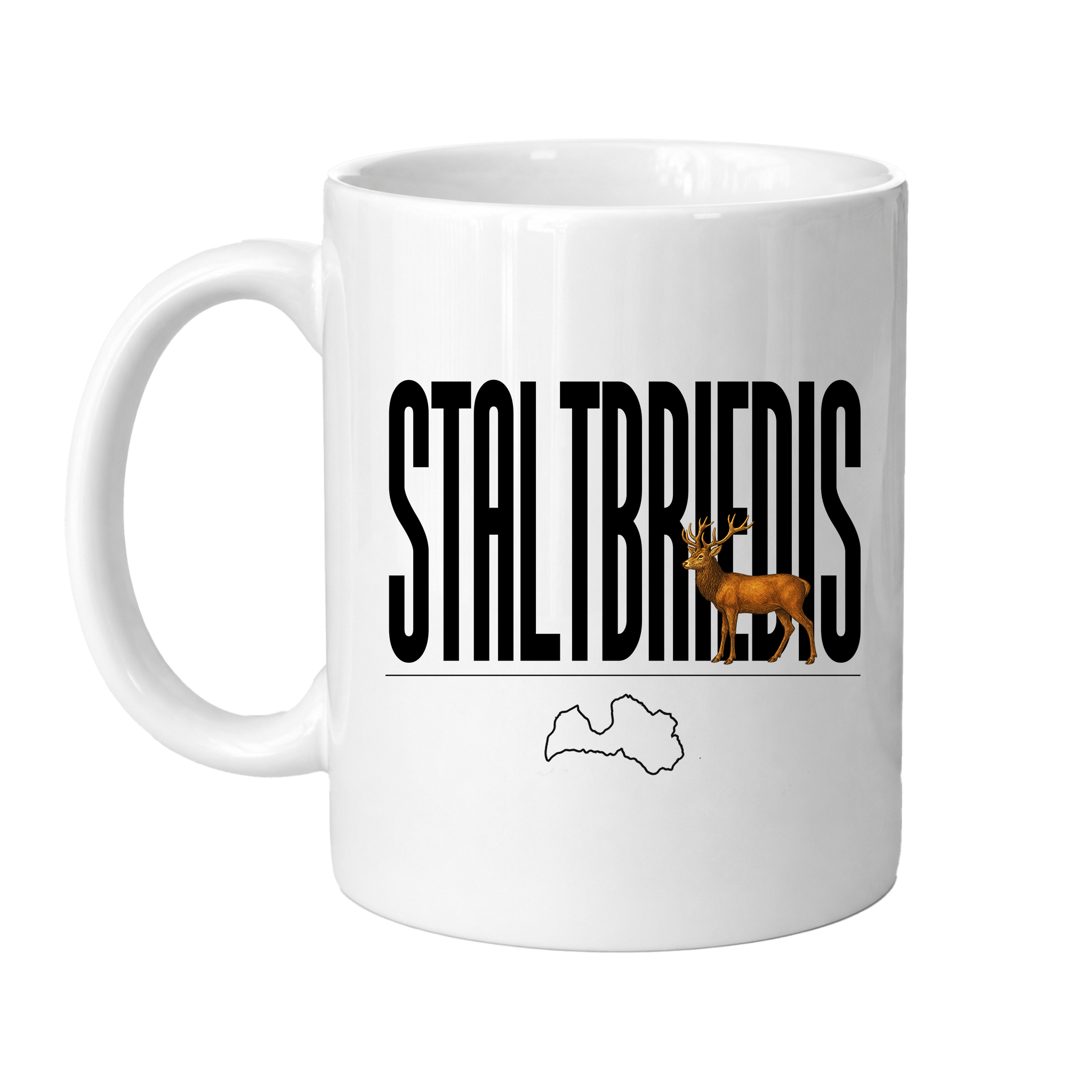 Kombis Meža Iemītnieki Krūze "Staltbriedis" featuring a detailed forest animal design on a ceramic mug.