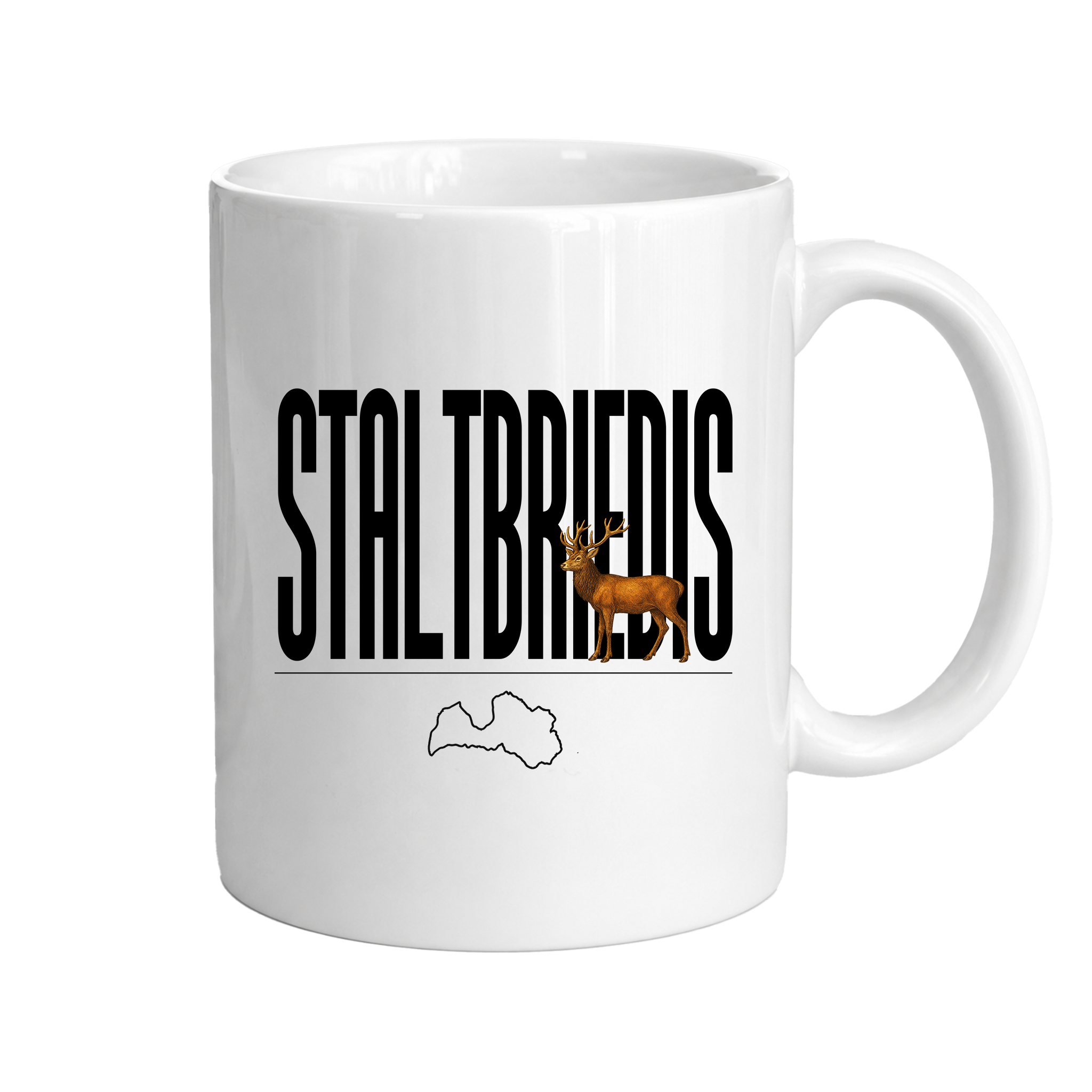 Kombis Meža Iemītnieki Krūze "Staltbriedis" featuring a reindeer illustration on a ceramic mug.