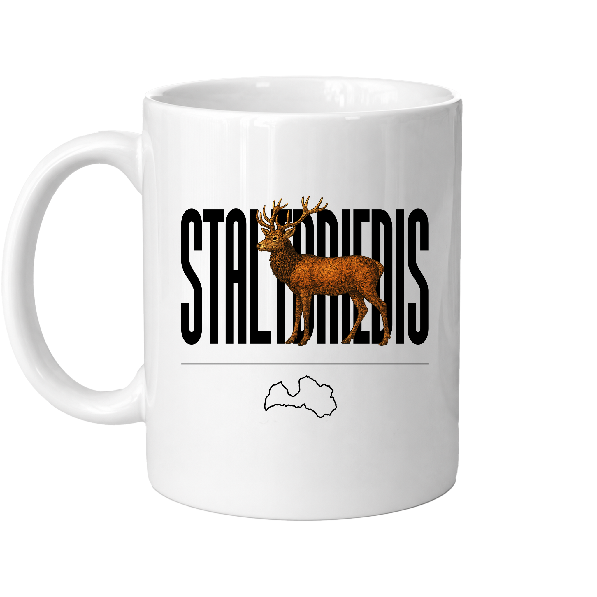 Kombis Meža iemītnieki krūze "Staltbriedis" with a reindeer illustration on a ceramic mug, perfect for nature and wildlife lovers.