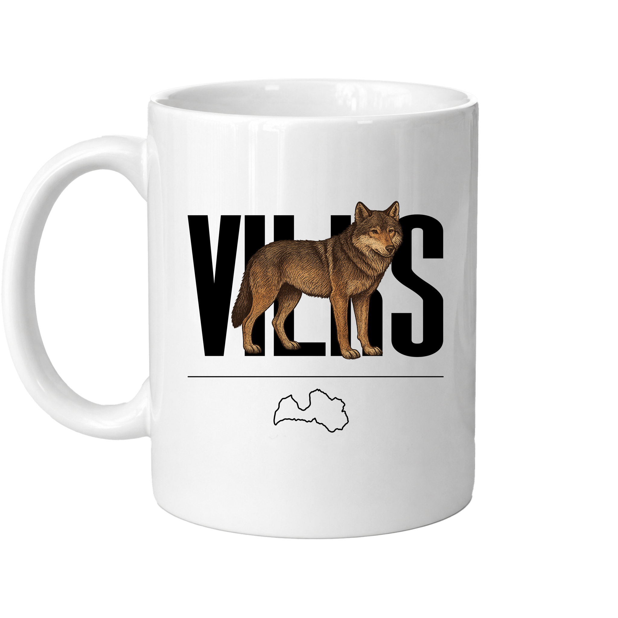 Kombis Meža iemītnieki krūze "Vilks" with a wolf illustration on white ceramic surface.