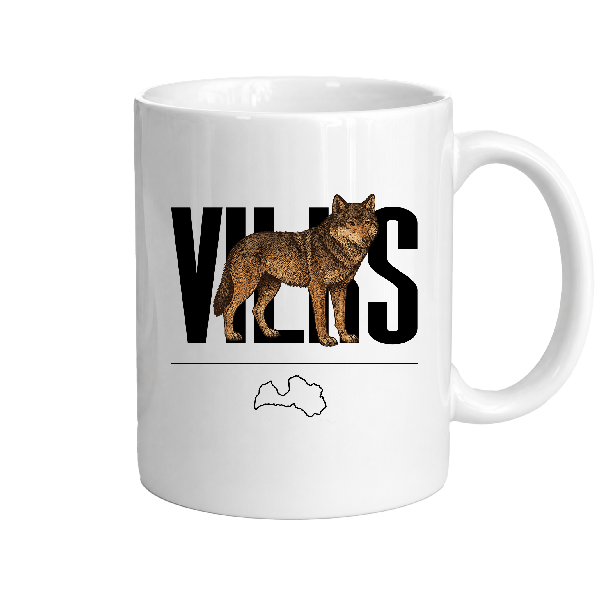 Kombis Meža iemītnieki krūze with a wolf illustration, featuring a cozy design and detailed forest animal artwork.